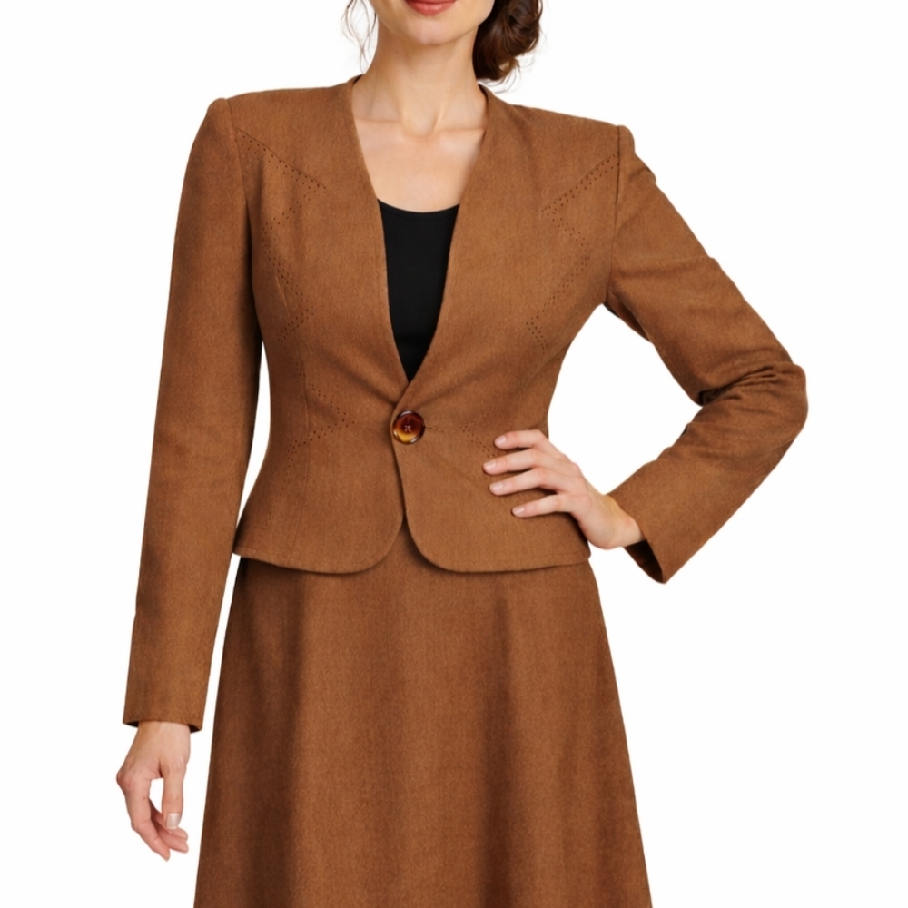 1940s Vintage Betty Rose S XS Wool Princess Seam Blazer Skirt Suit Set Camel WW2